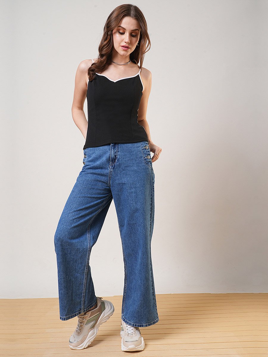 Women Black Sweetheart Neck Strappy Top