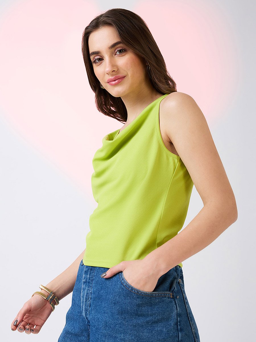Women Green Cowl Neck Sleeveless Tank Top