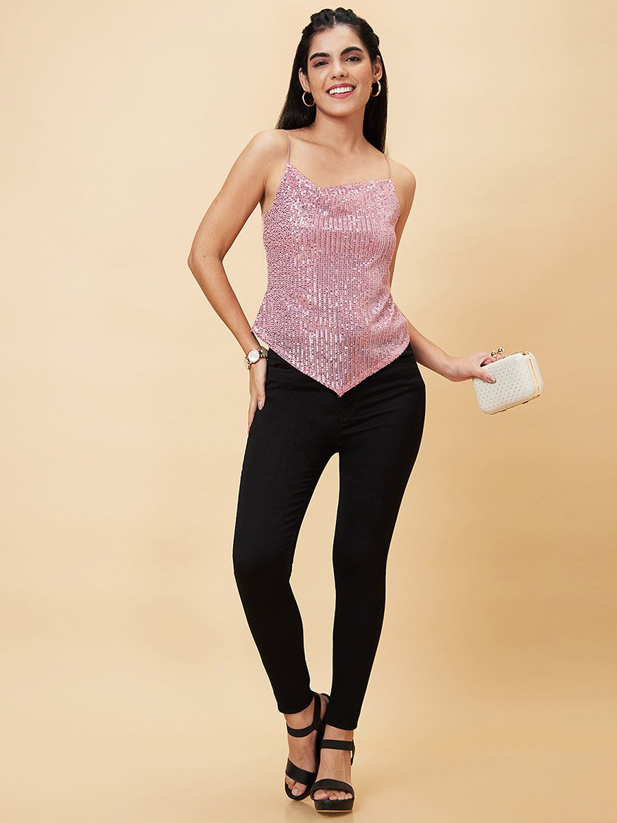 Women Pink Embellished Cowl Neck Strappy Top