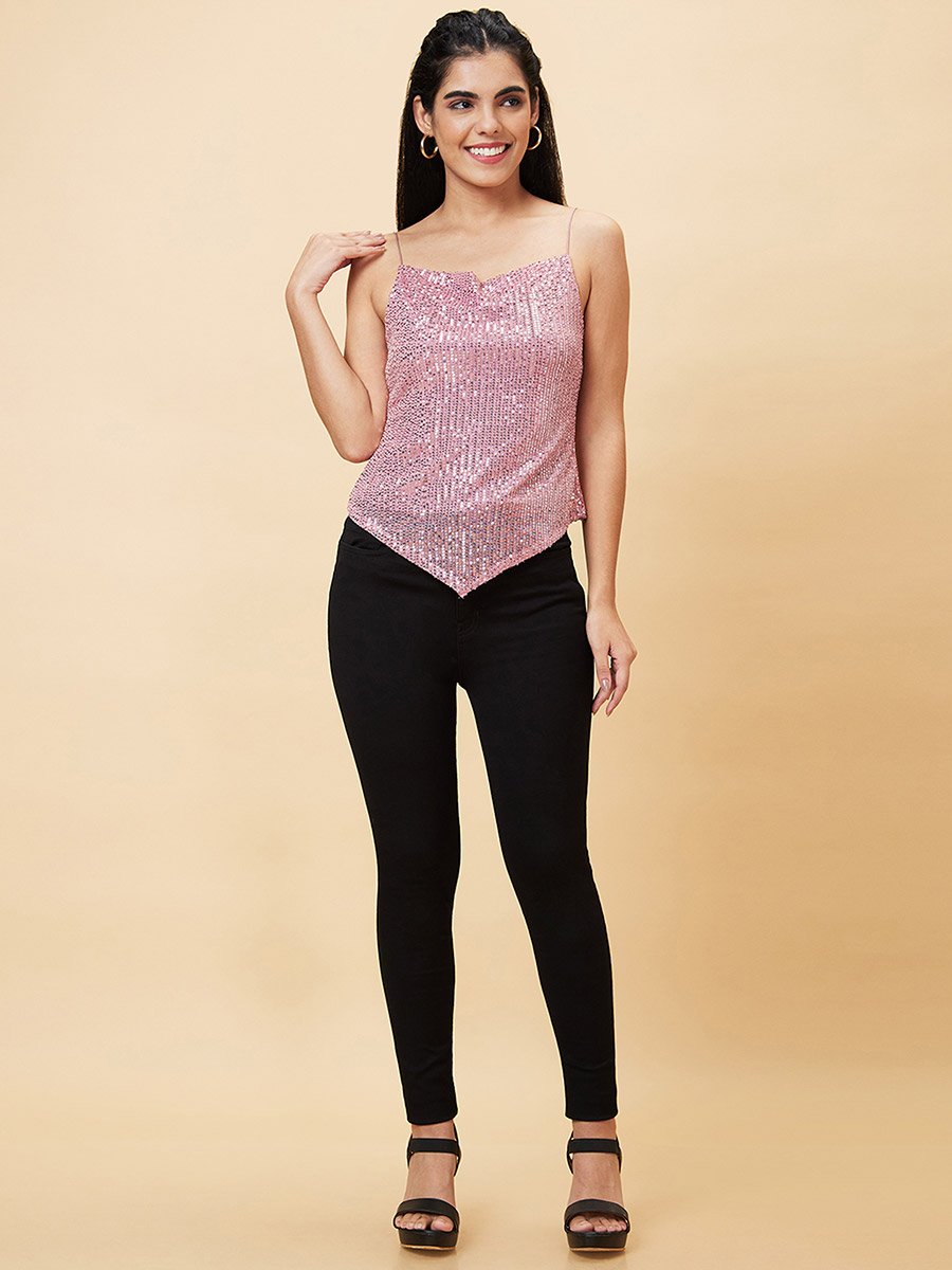 Women Pink Embellished Cowl Neck Strappy Top