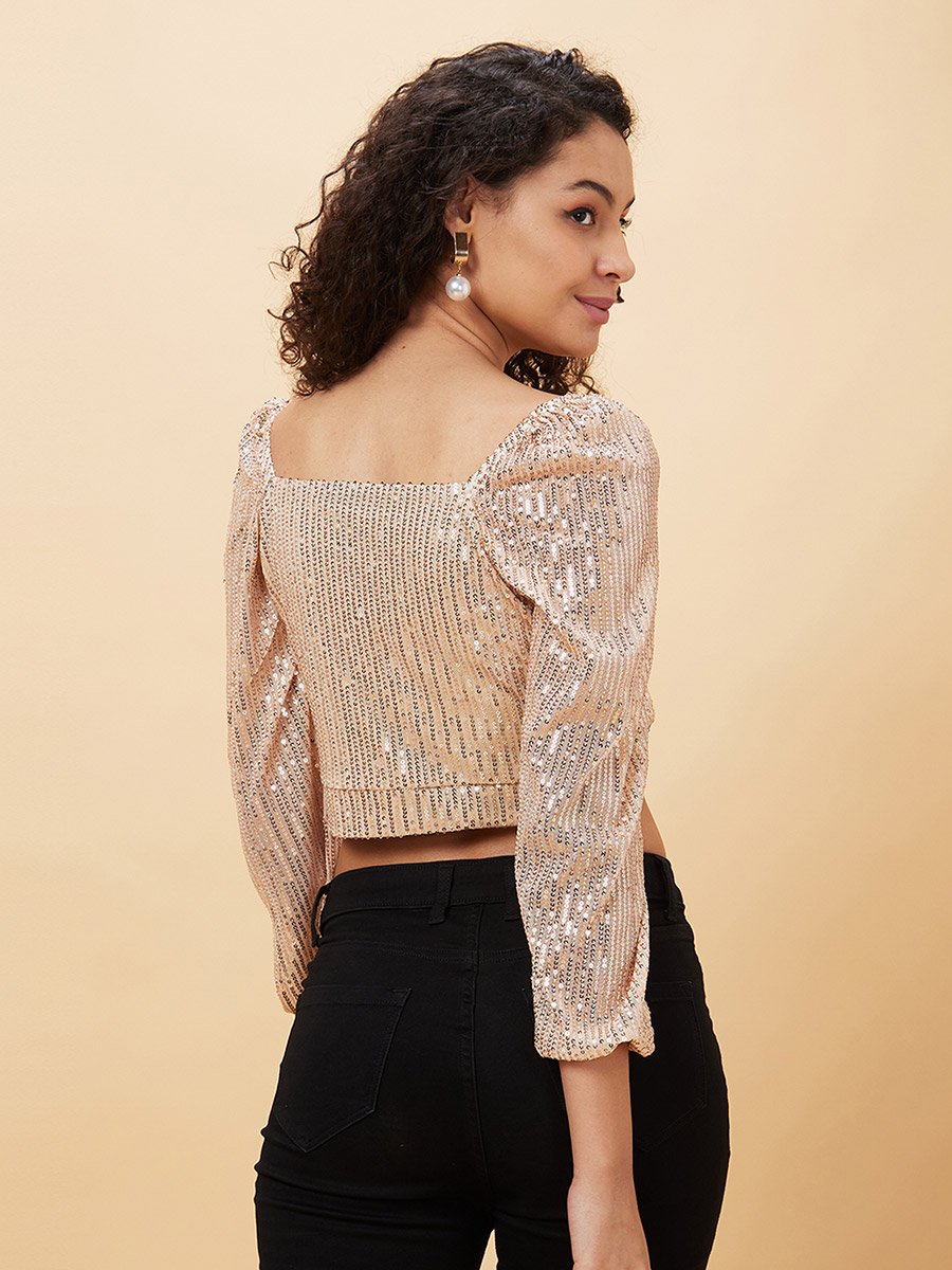 Women Beige Embellished Sweetheart Crop Top