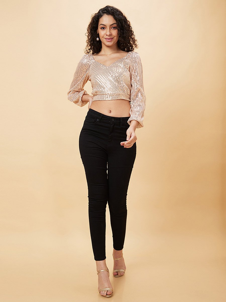 Women Beige Embellished Sweetheart Crop Top