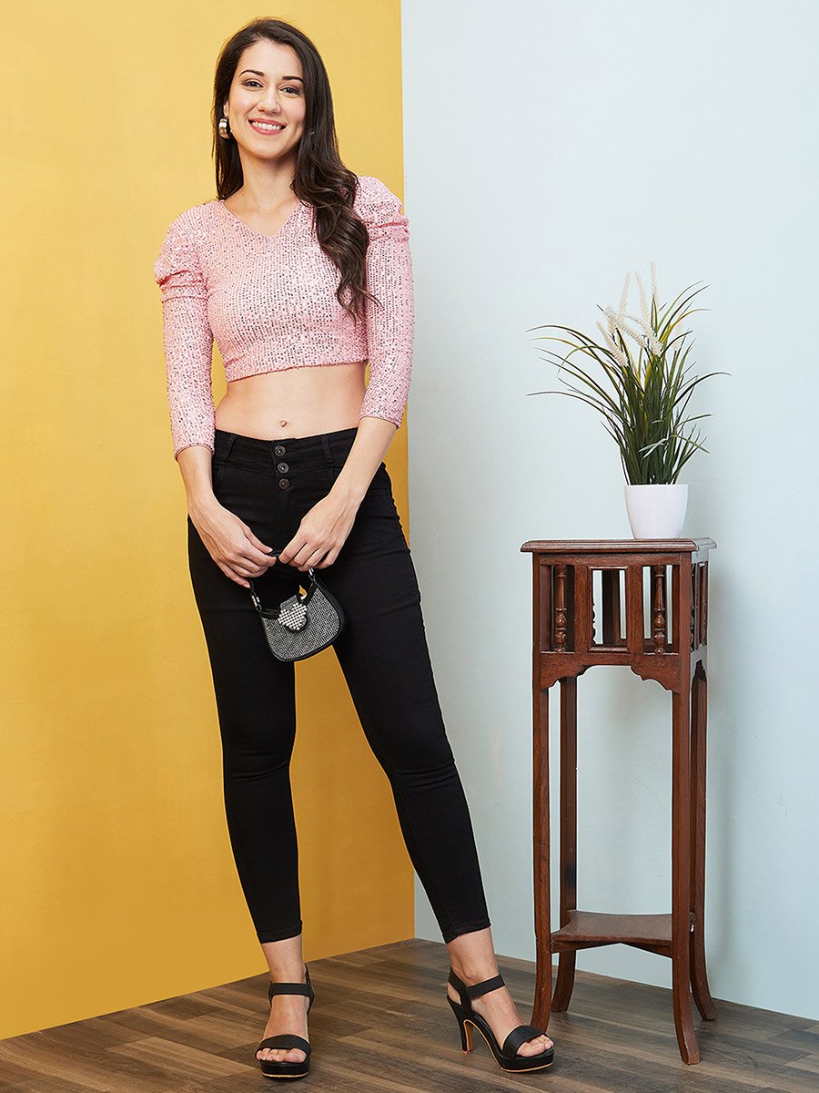Women Pink Puff Sleeves Sequined Crop Top