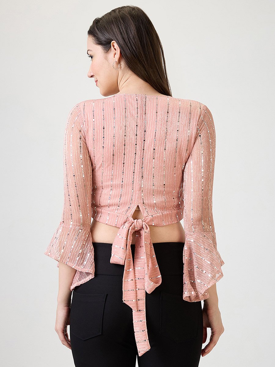 Women Pink Flared Sleeves Embellished Crop Top