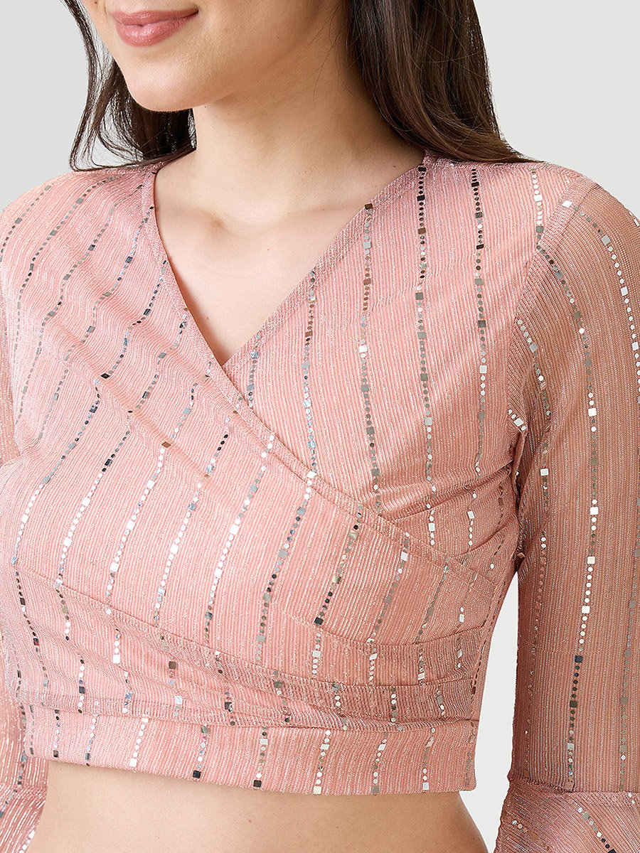 Women Pink Flared Sleeves Embellished Crop Top