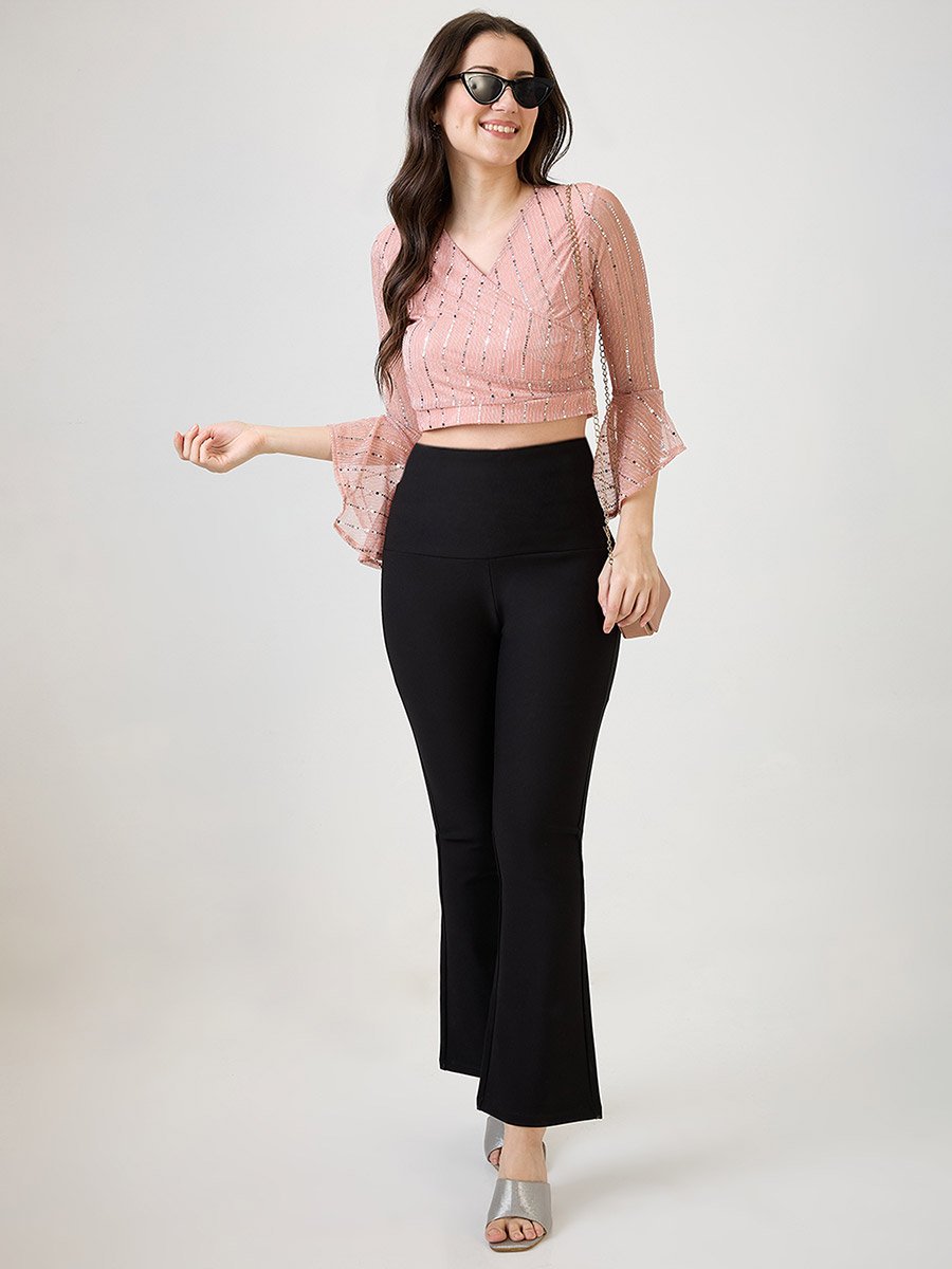 Women Pink Flared Sleeves Embellished Crop Top