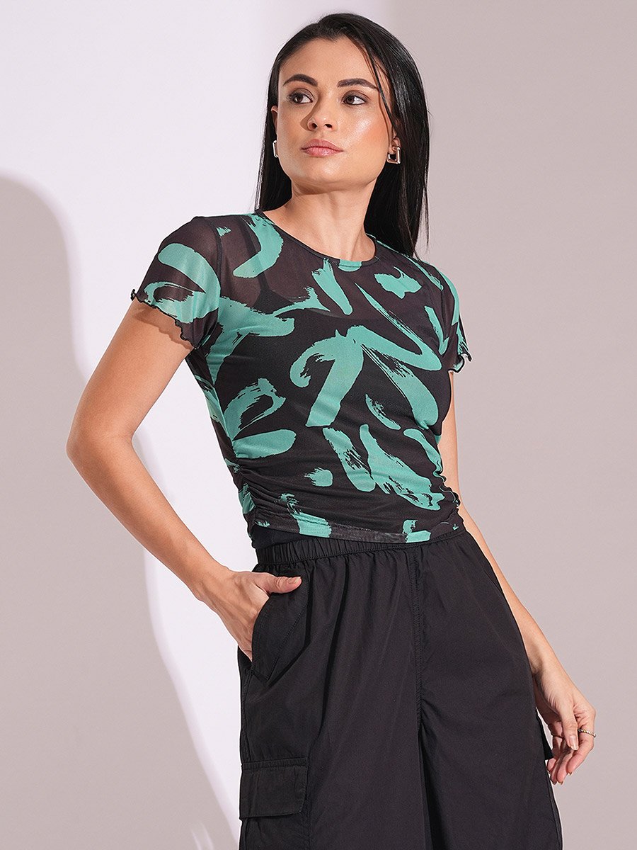 Women Green Abstract Print Short Sleeves Top