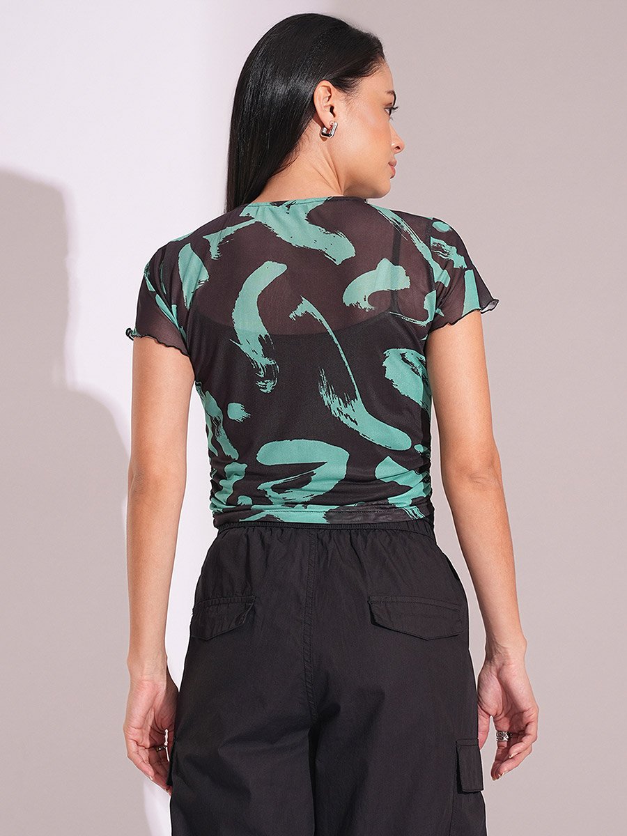 Women Green Abstract Print Short Sleeves Top