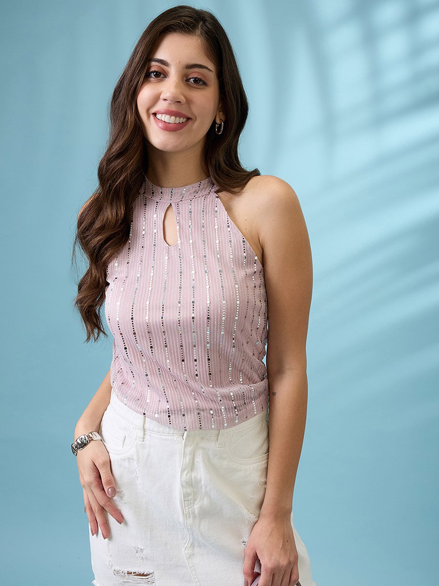 Women Pink Keyhole Neck Sequined Top