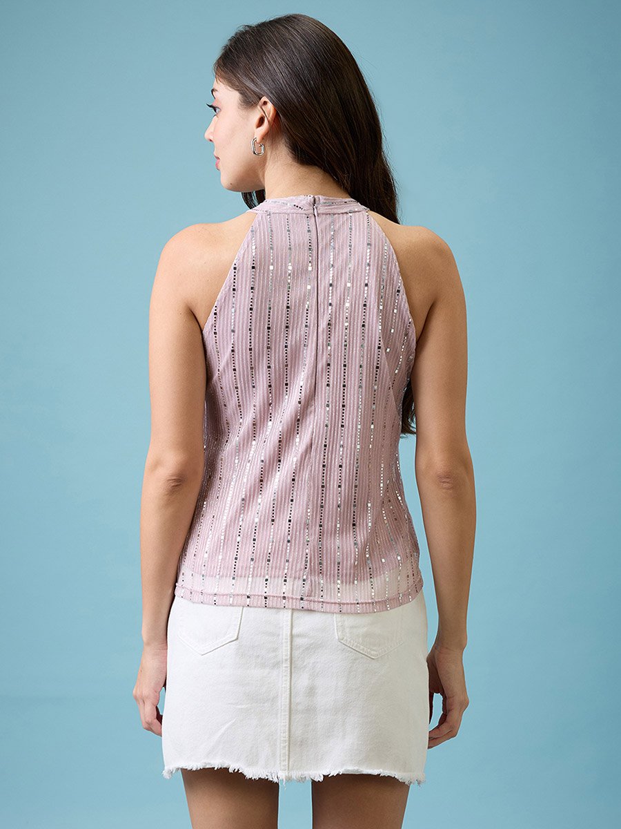 Women Pink Keyhole Neck Sequined Top