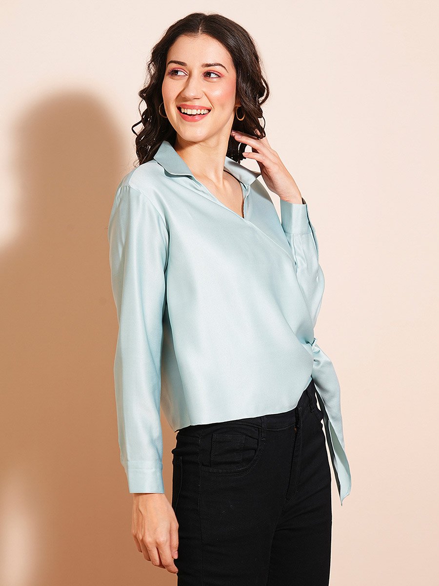 Women Blue Shirt Collar Satin Wrap Top