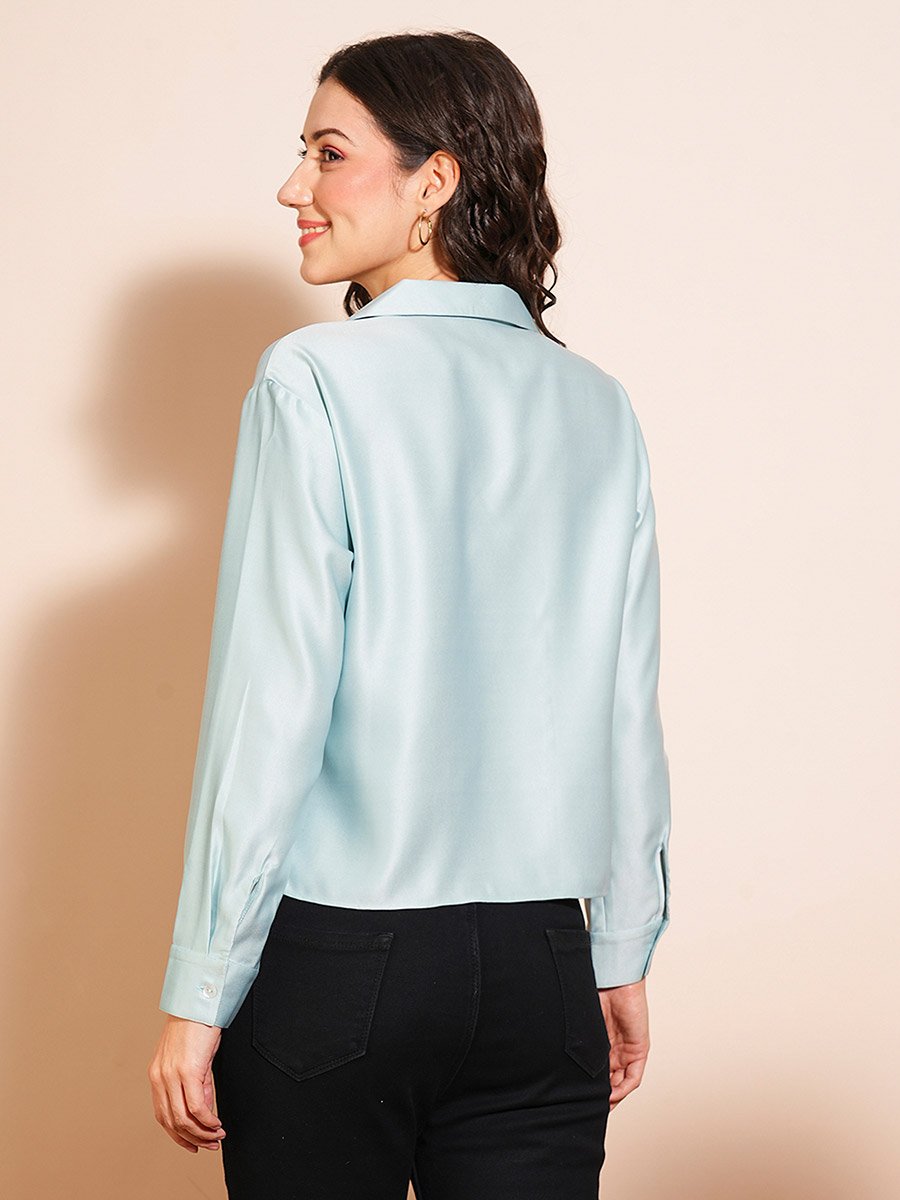 Women Blue Shirt Collar Satin Wrap Top