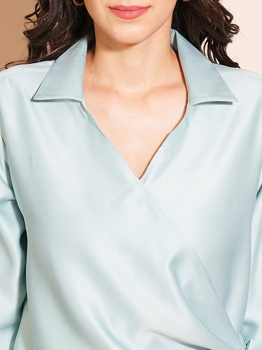 Women Blue Shirt Collar Satin Wrap Top