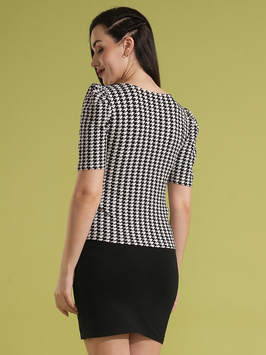 Black Houndstooth Print Sweetheart Neck Top