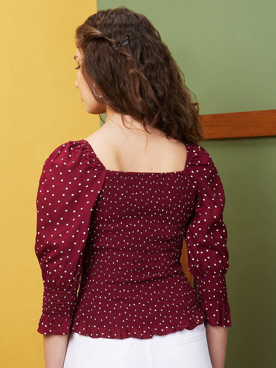 Women Maroon Polka Dots Sweetheart Neck Top