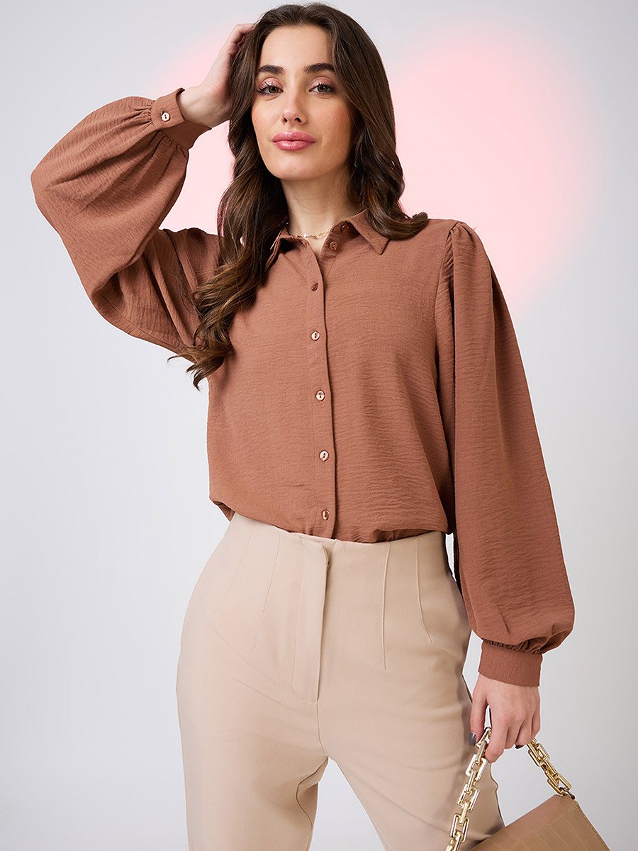 Women Brown Balloon Sleeves Shirt