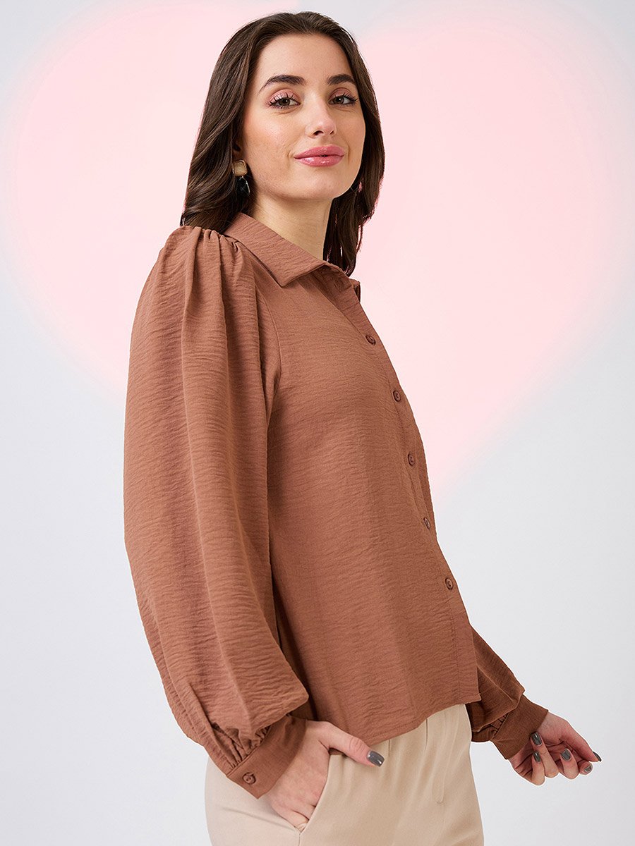 Women Brown Balloon Sleeves Shirt