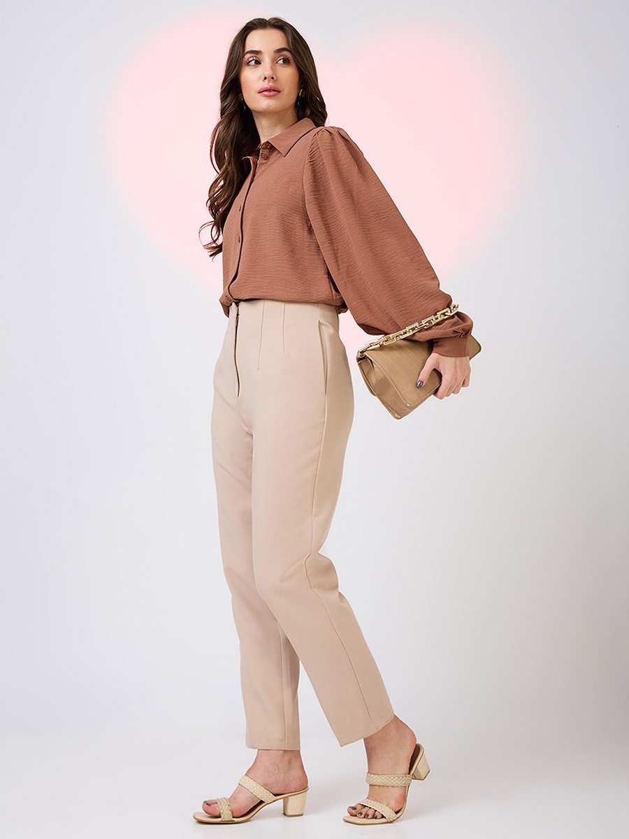 Women Brown Balloon Sleeves Shirt