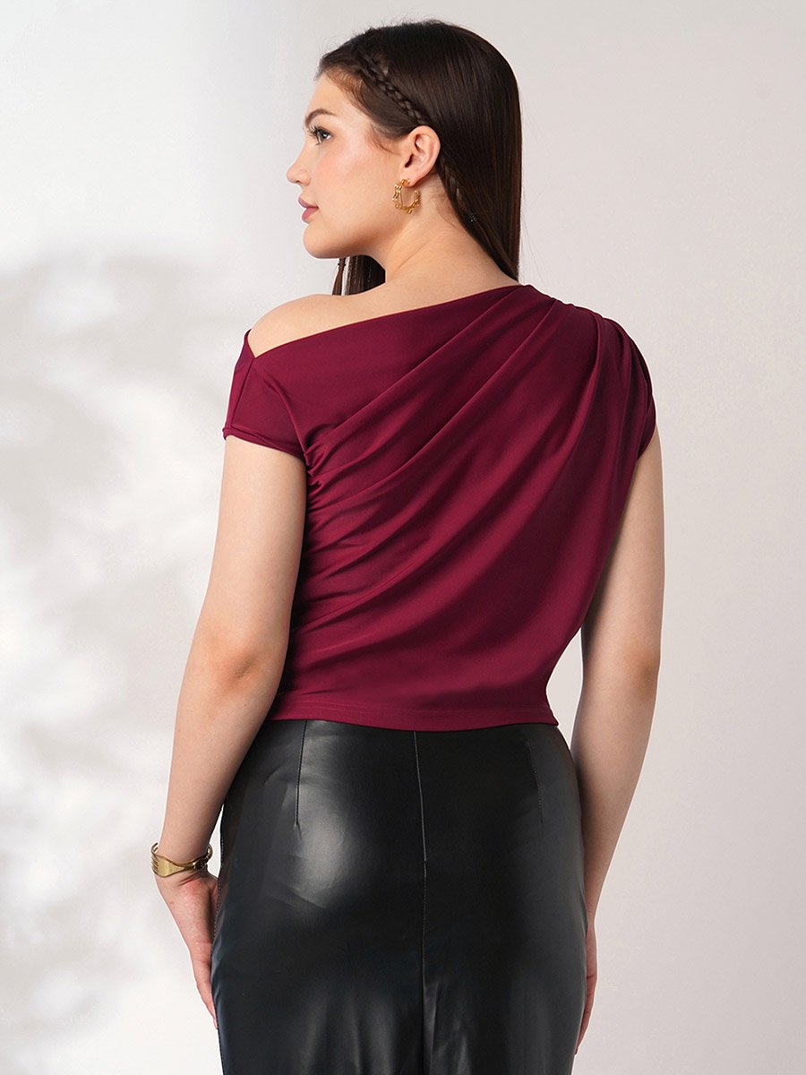 Women Maroon One Shoulder Top