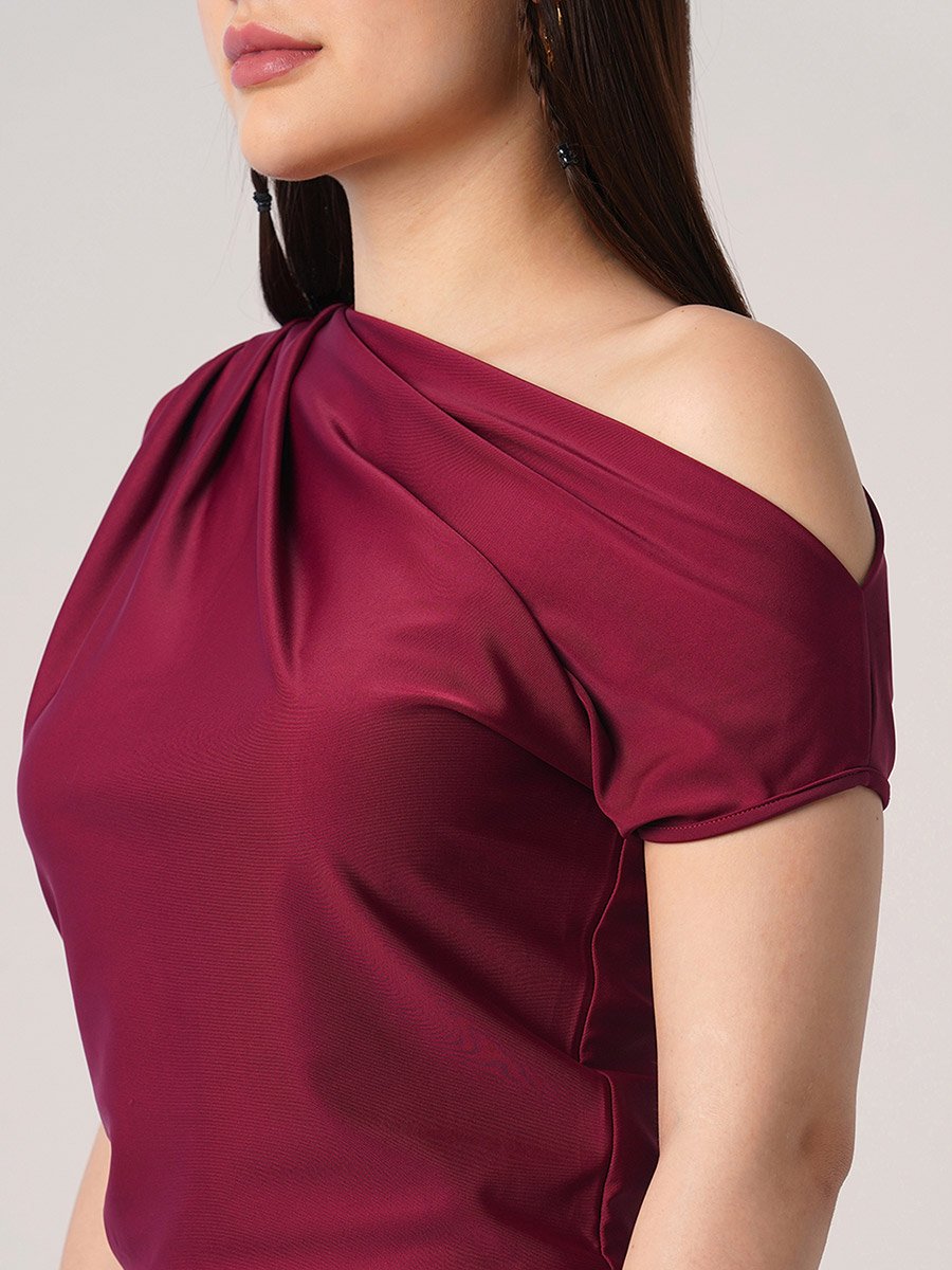 Women Maroon One Shoulder Top
