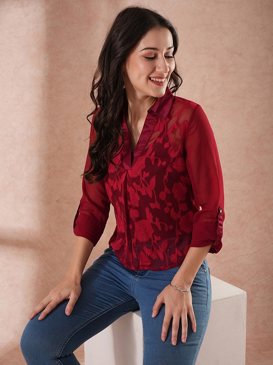 Women Maroon Floral Print Roll-Up Sleeves Top