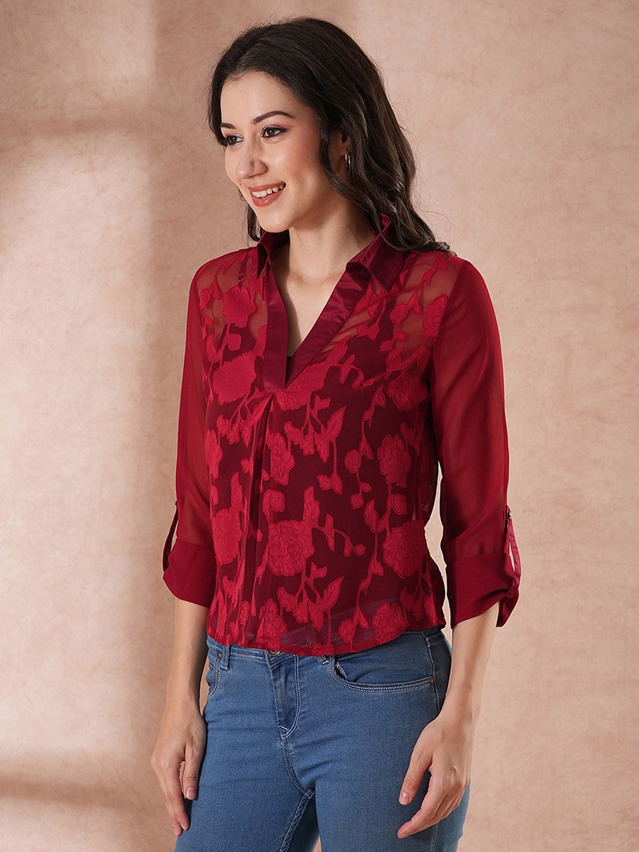 Women Maroon Floral Print Roll-Up Sleeves Top