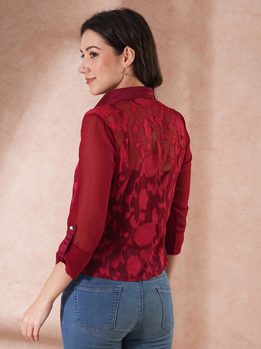 Women Maroon Floral Print Roll-Up Sleeves Top