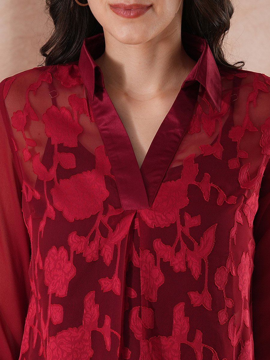 Women Maroon Floral Print Roll-Up Sleeves Top