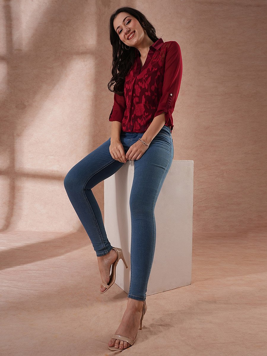 Women Maroon Floral Print Roll-Up Sleeves Top