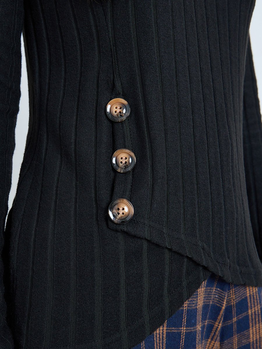 Black Ribbed Knit Top with Button Detail