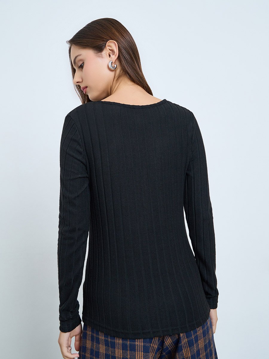 Black Ribbed Knit Top with Button Detail