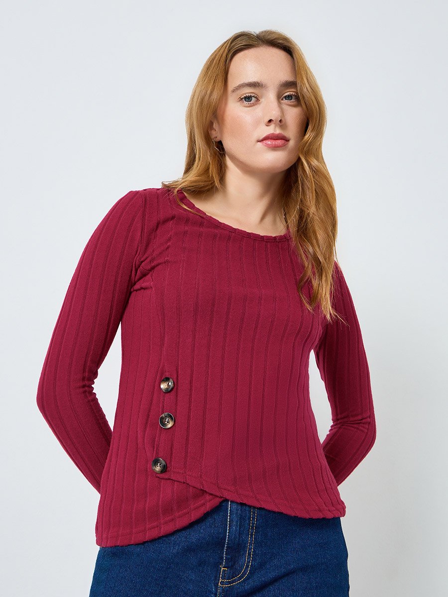 Women Burgundy Ribbed Top with Button Detail