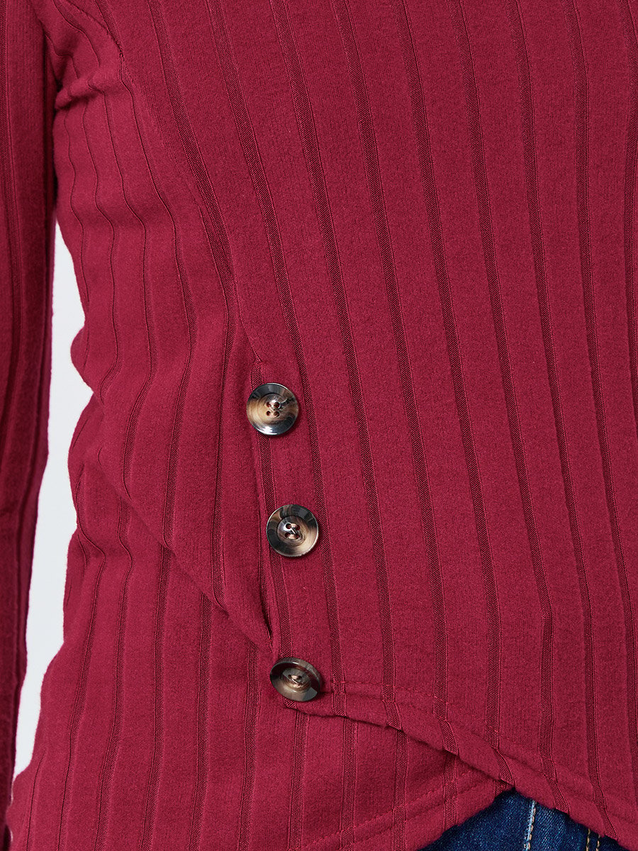 Women Burgundy Ribbed Top with Button Detail
