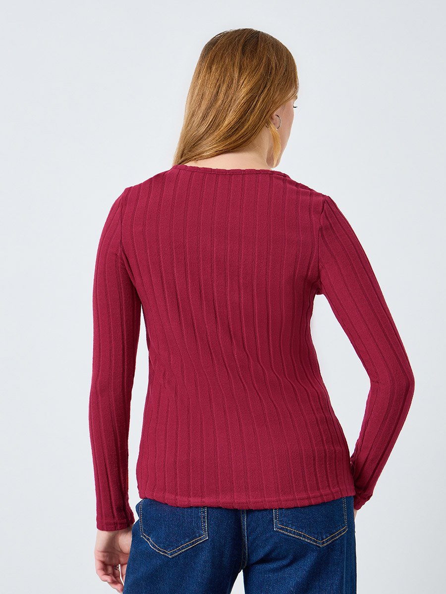 Women Burgundy Ribbed Top with Button Detail