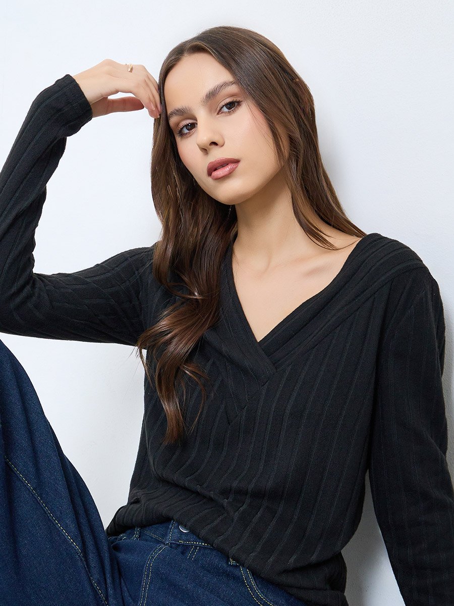 Black Ribbed V-Neck Long Sleeve Top