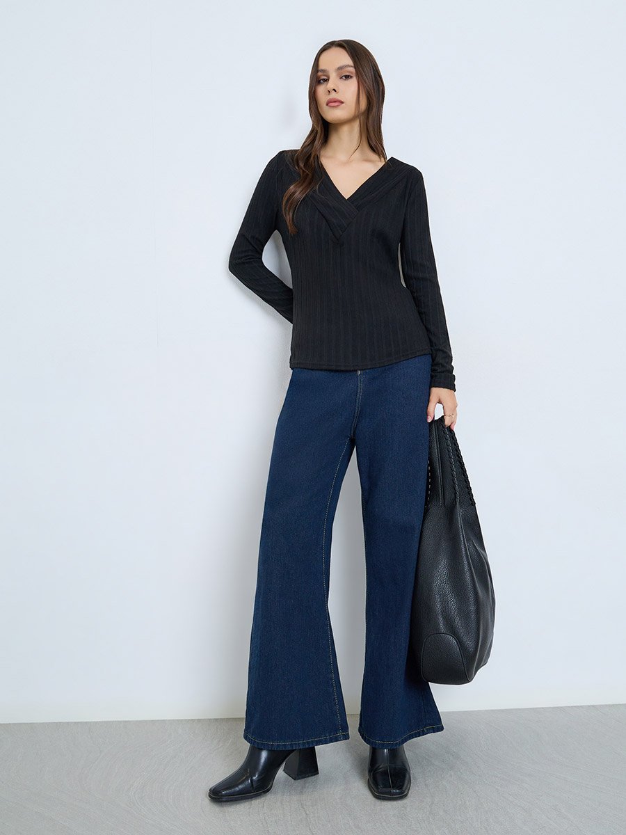 Black Ribbed V-Neck Long Sleeve Top