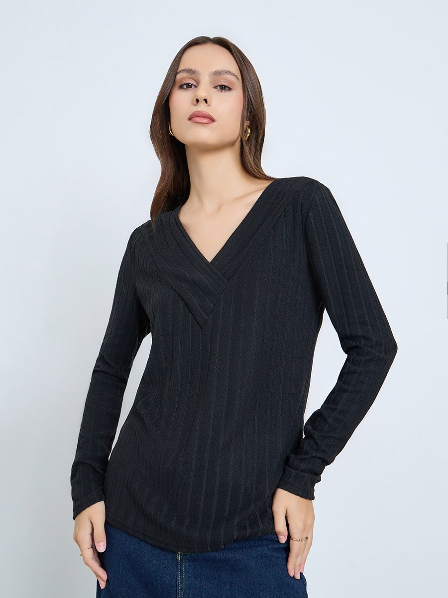 Black Ribbed V-Neck Long Sleeve Top