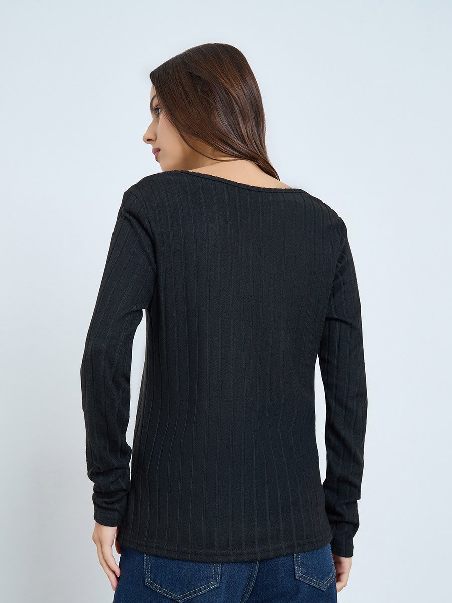 Black Ribbed V-Neck Long Sleeve Top