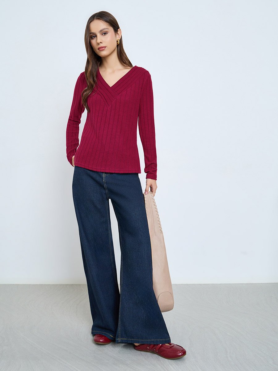 Maroon Ribbed V-Neck Long Sleeve Top