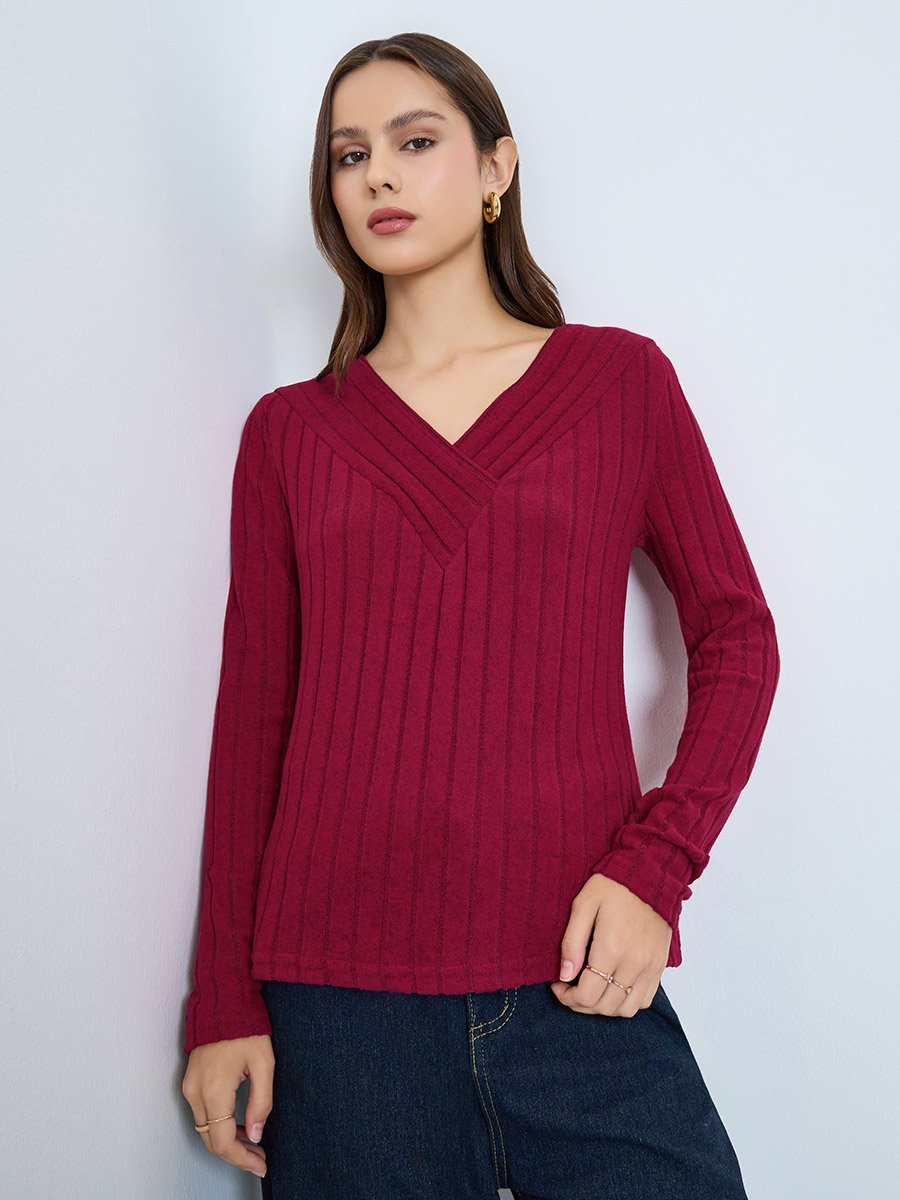 Maroon Ribbed V-Neck Long Sleeve Top