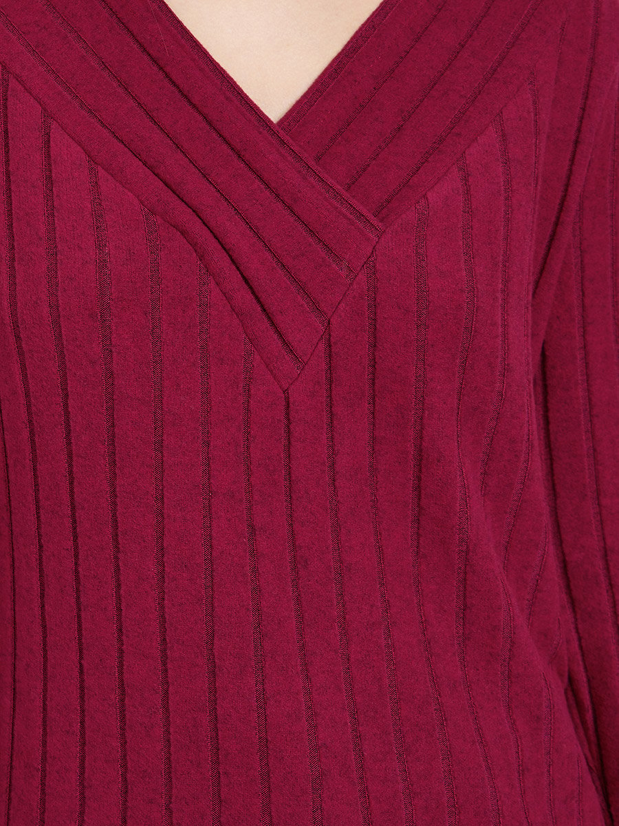 Maroon Ribbed V-Neck Long Sleeve Top