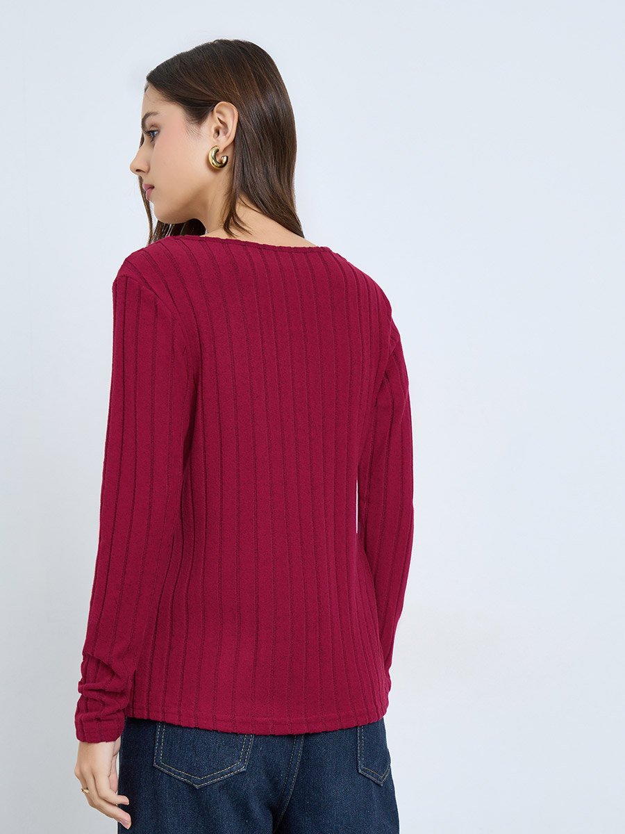 Maroon Ribbed V-Neck Long Sleeve Top