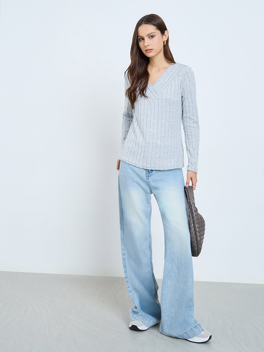 Grey Ribbed V-Neck Long Sleeve Top