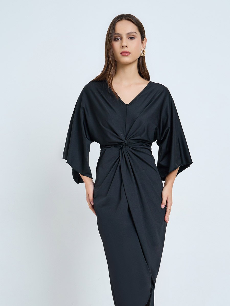 Black Pleated Detail Midi Dress