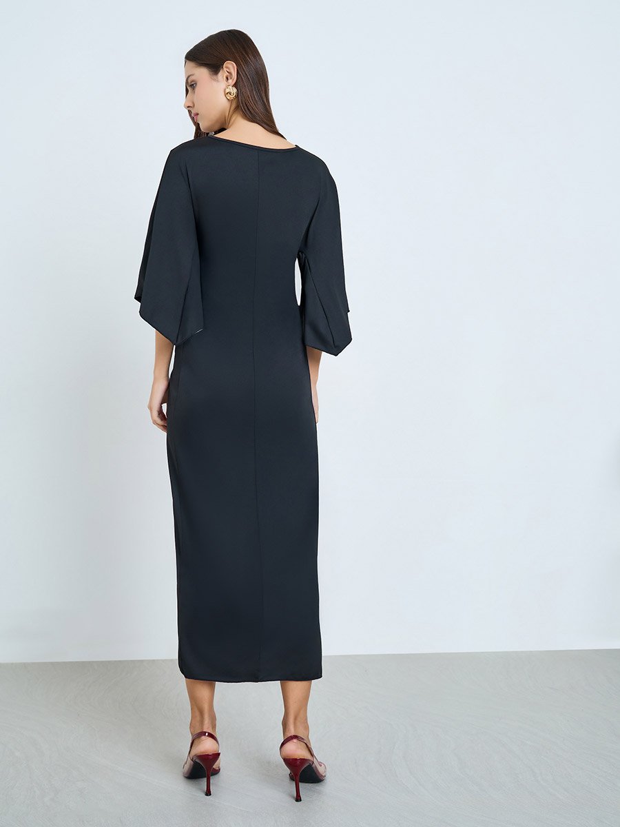 Black Pleated Detail Midi Dress