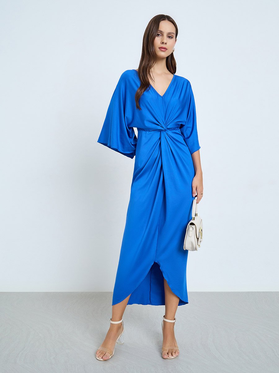 Blue Pleated Detail Midi Dress
