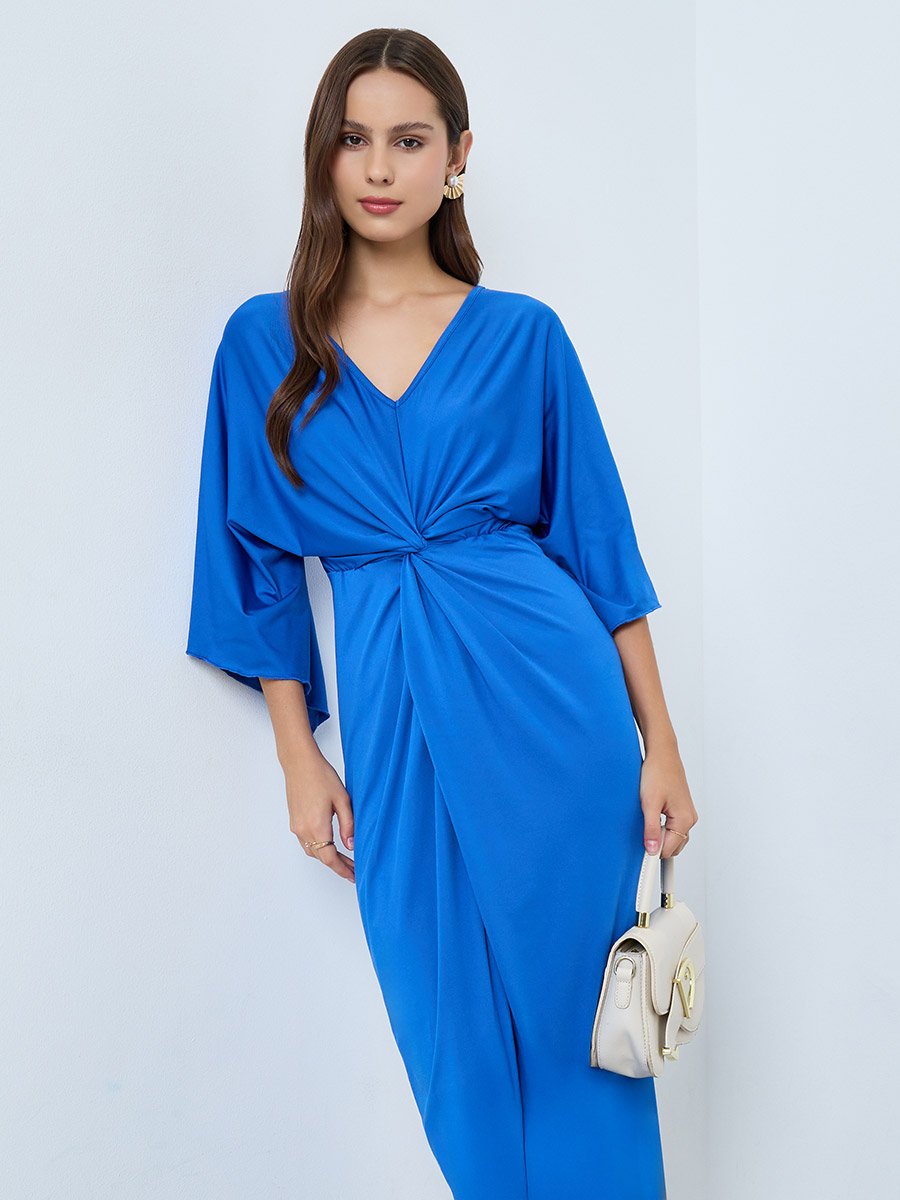 Blue Pleated Detail Midi Dress