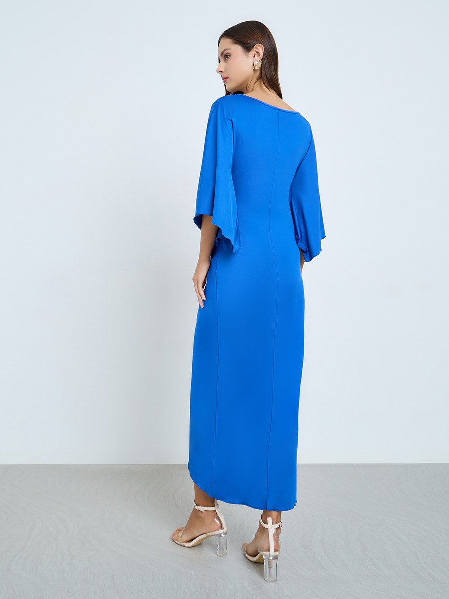 Blue Pleated Detail Midi Dress