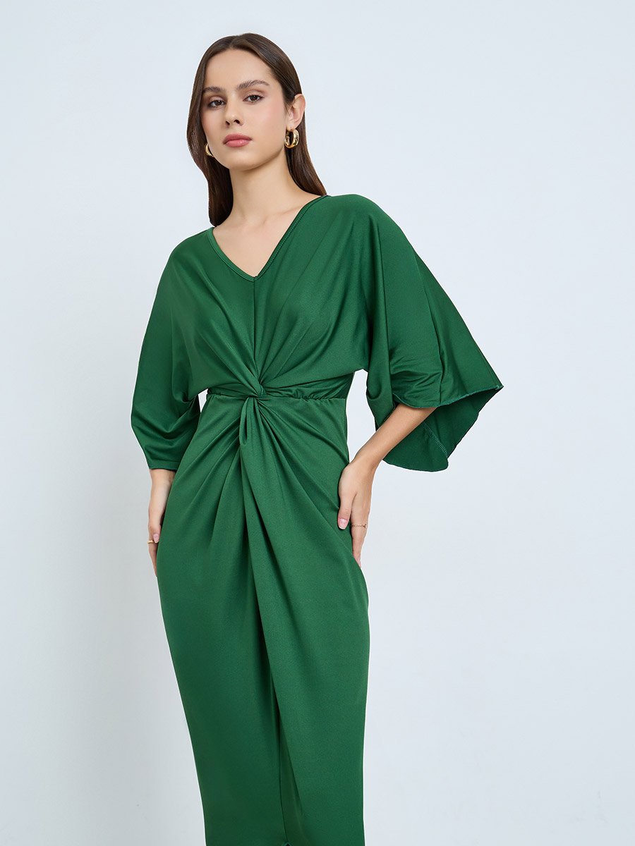 long sleeve emerald green midi dress Pleated Detail For Women at Kuwait waist:32 Shiny Powder Blue Tuxedo Stencils Modest dress
