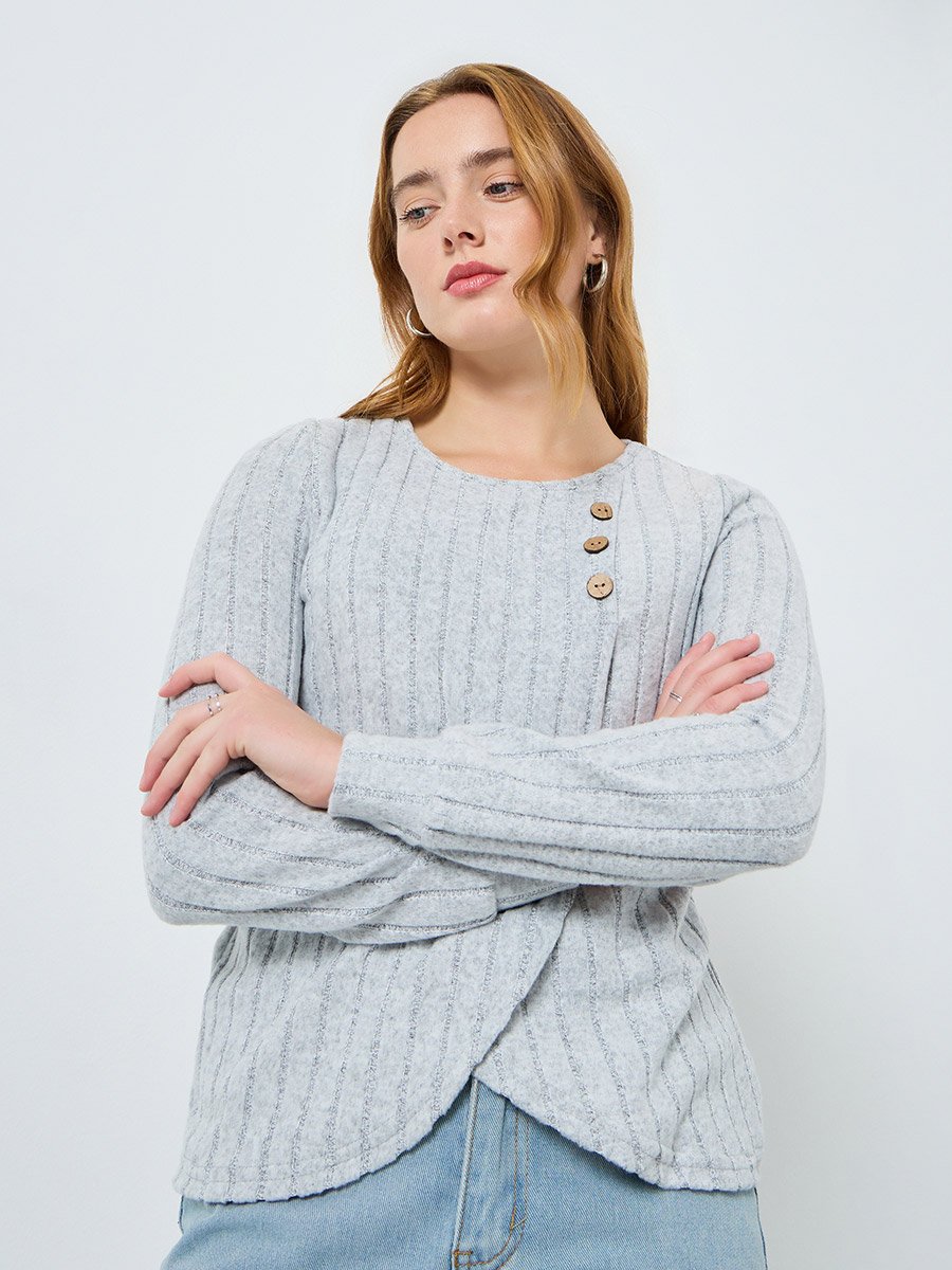 Women Grey Button Side Detail Ribbed Top